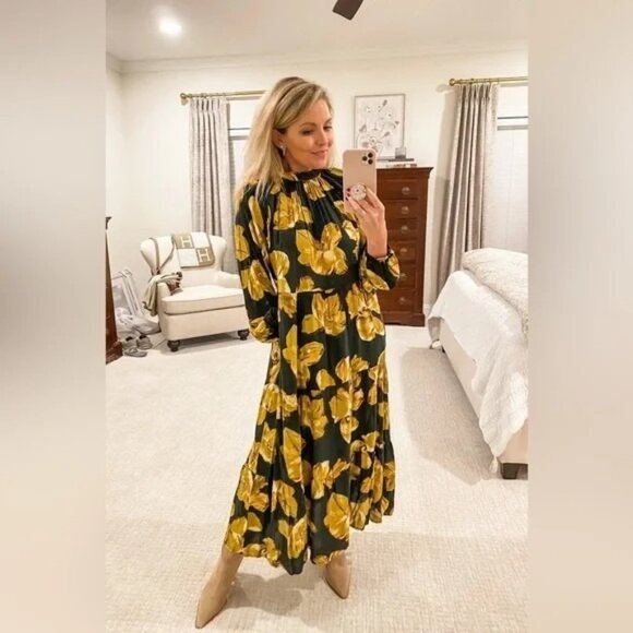A New Day Womens L Green Yellow Floral Maxi Dress Long Sleeve High Neck Flowing - Picture 7 of 7